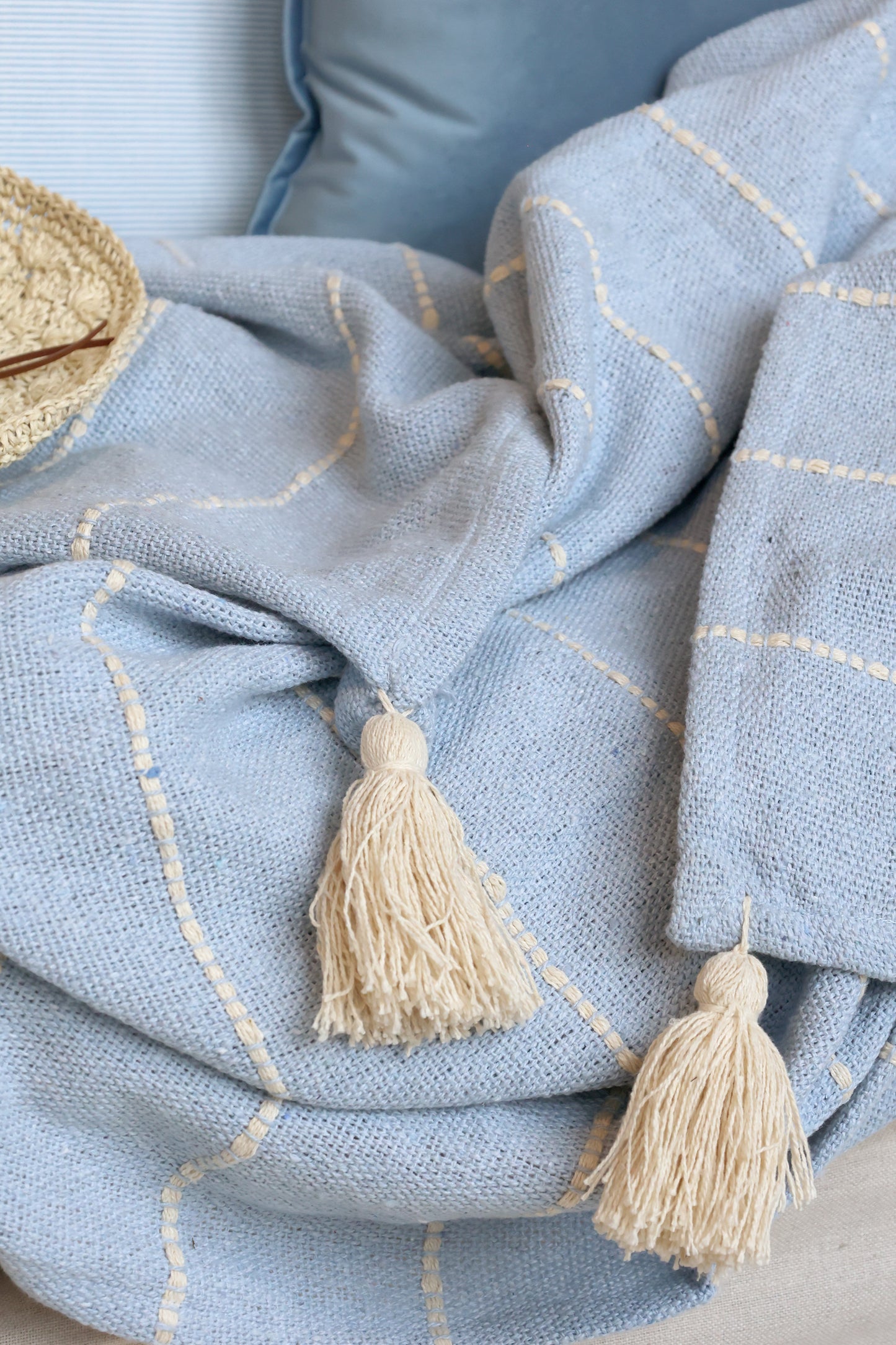 Cotton Throw in Sky Blue - Striped
