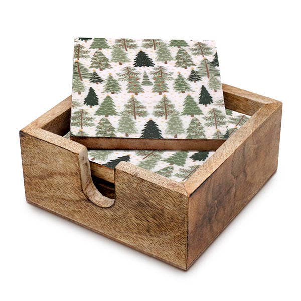 Evergreen Forest Coaster Set with Wooden Holder