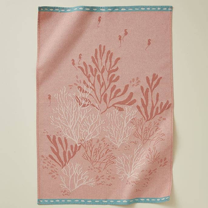 Cotton Tea Towel - Ocean in Coral