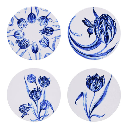 Delft Blue Cheerful Tulips Coaster Set - Set of 4