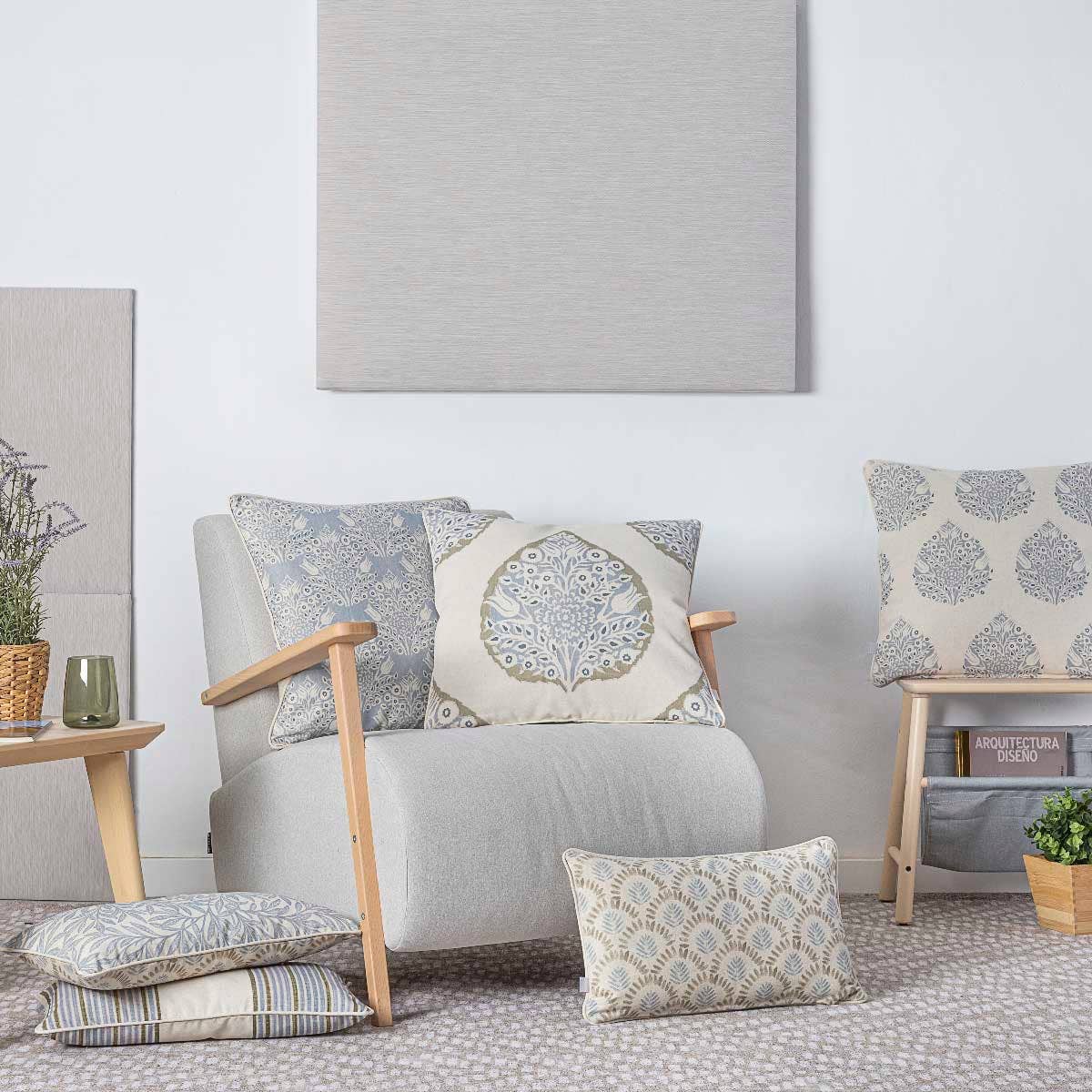 Soft Cotton Cushion Covers in Blue Leaf