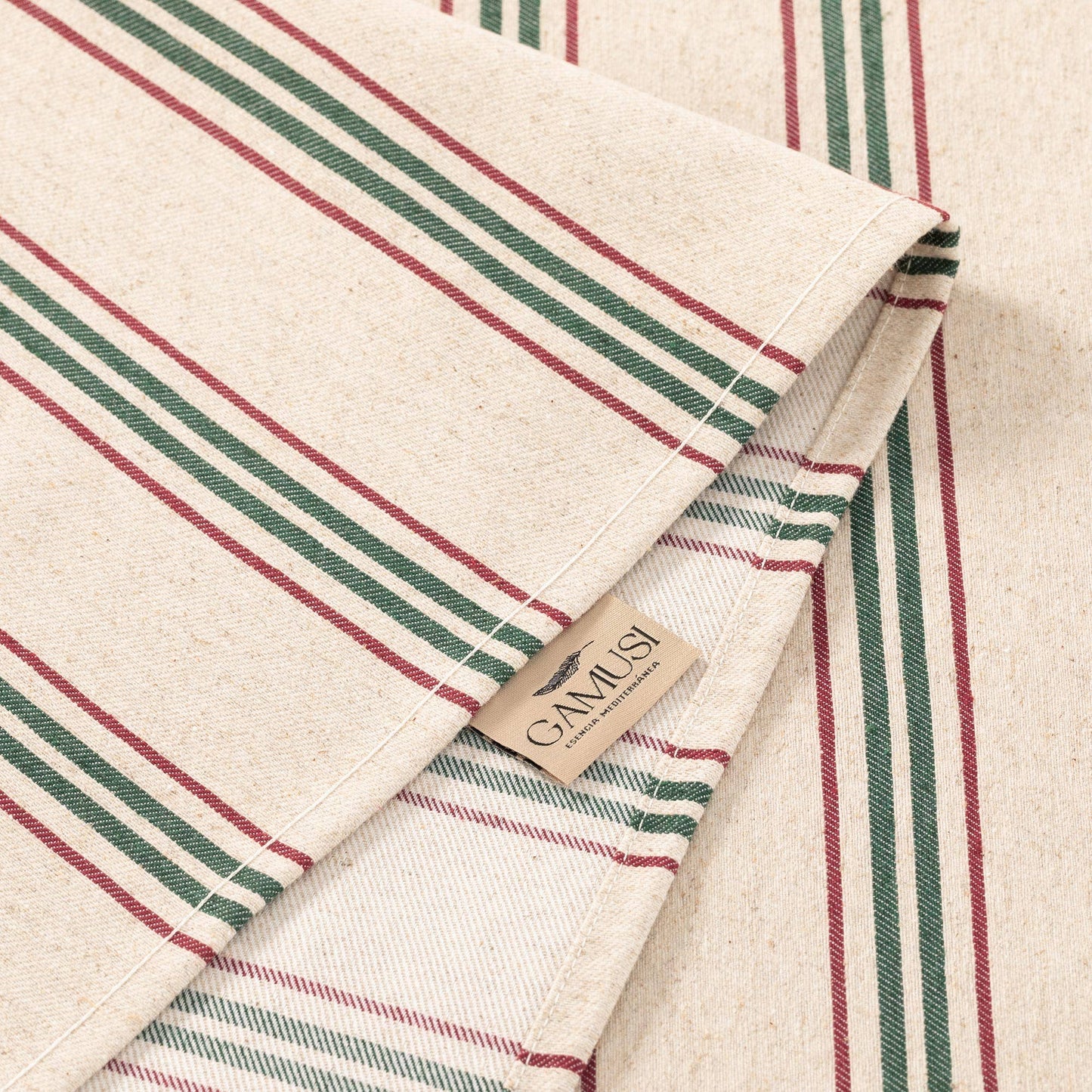 Soft Linen Jacquard Tablecloth – Red & Green Ticking Stripe