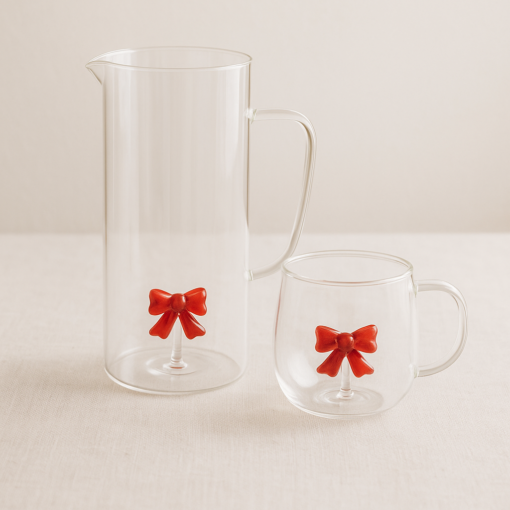 Glass Serving Jug & Mug With Suspended Red Bow