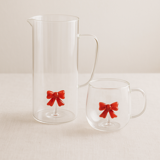 Glass Serving Jug & Mug With Suspended Red Bow