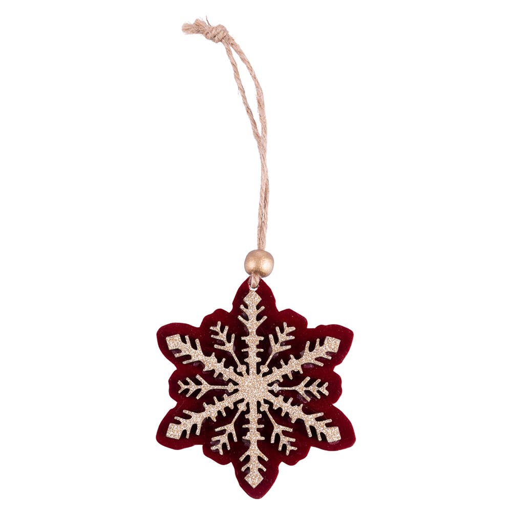 Burgundy Velvet and Poplar Snowflake Ornaments - Set of 8