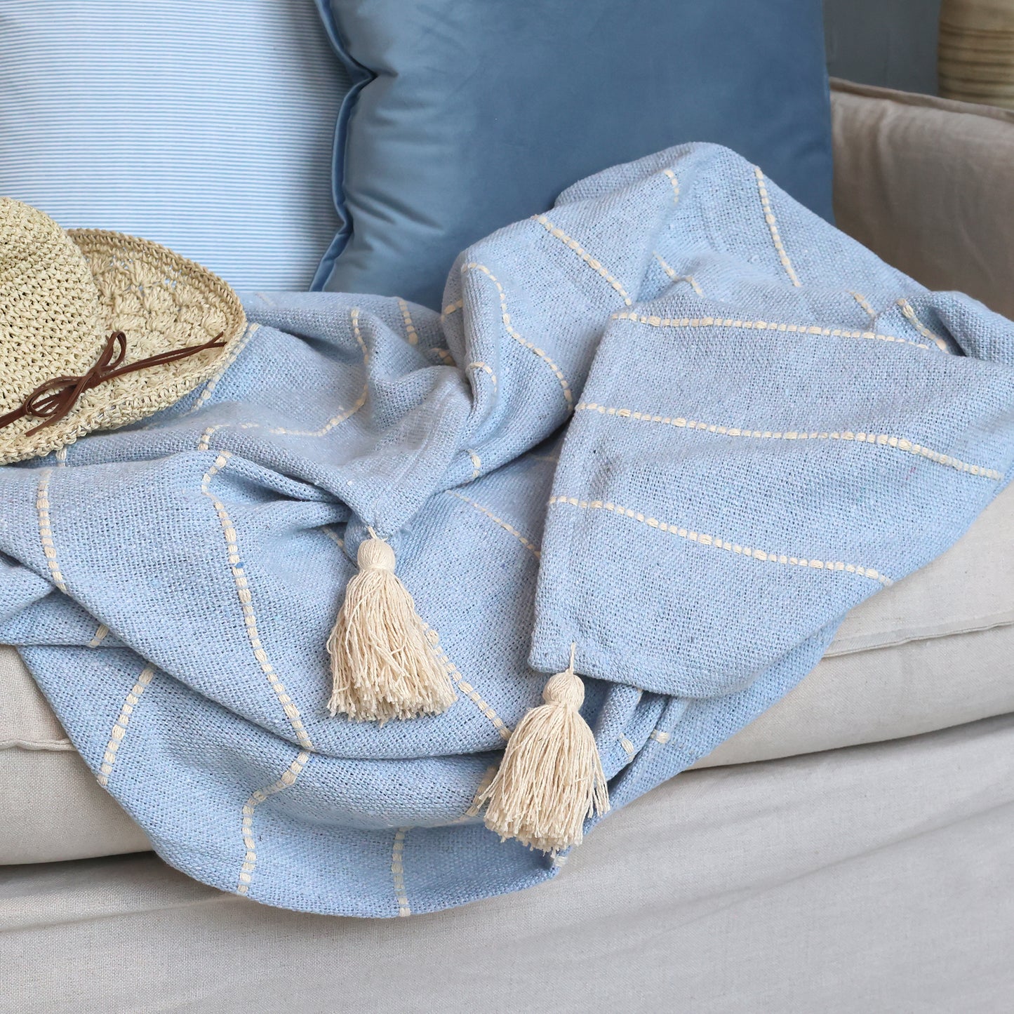 Cotton Throw in Sky Blue - Striped