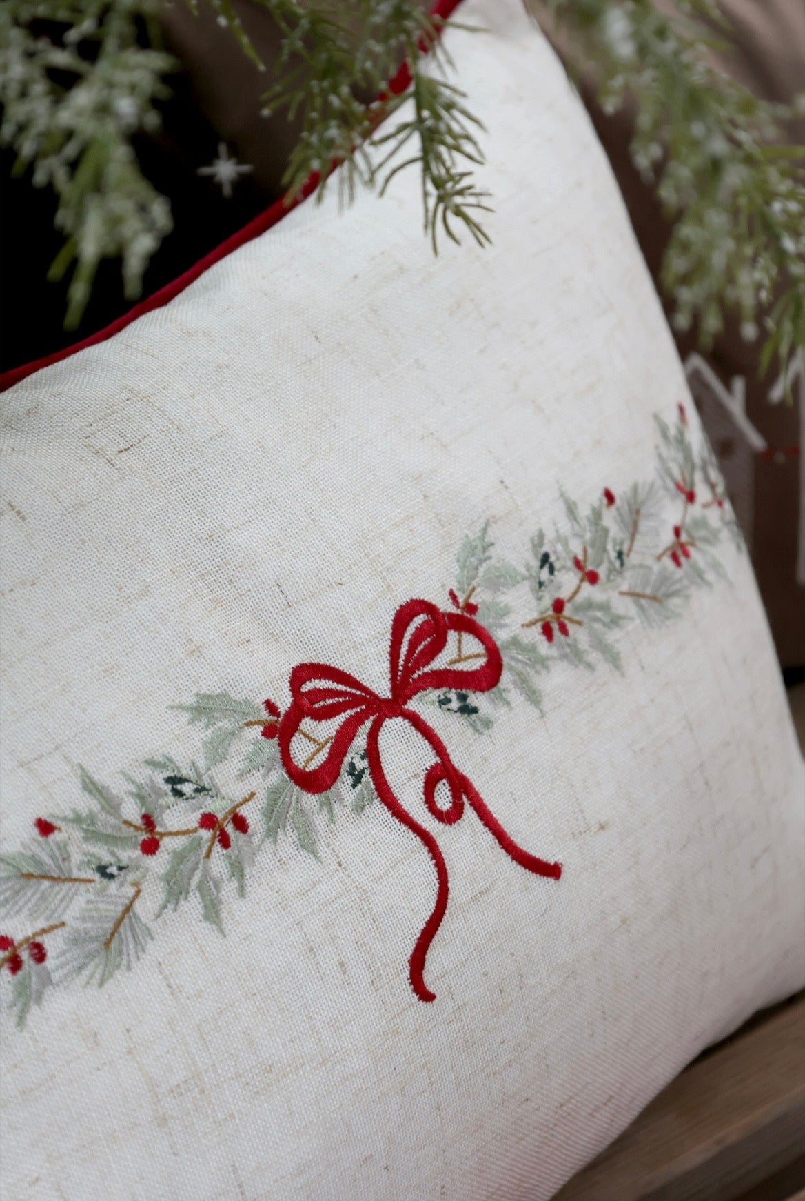 Christmas Bow Embroidered Cushion