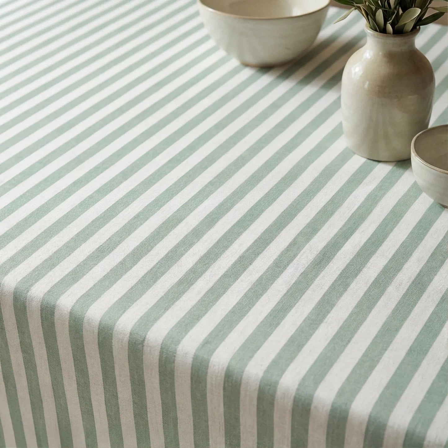 Sage Stripe Waterproof Organic Cotton Tablecloth – 250 x 155 cm