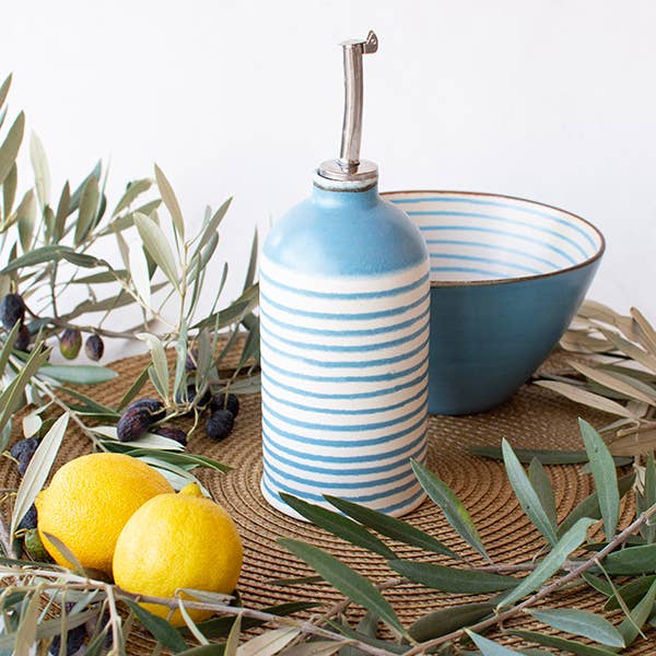 Striped Stoneware Olive Oil Bottle with Pourer