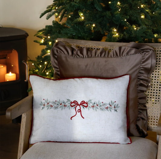 Christmas Bow Embroidered Cushion