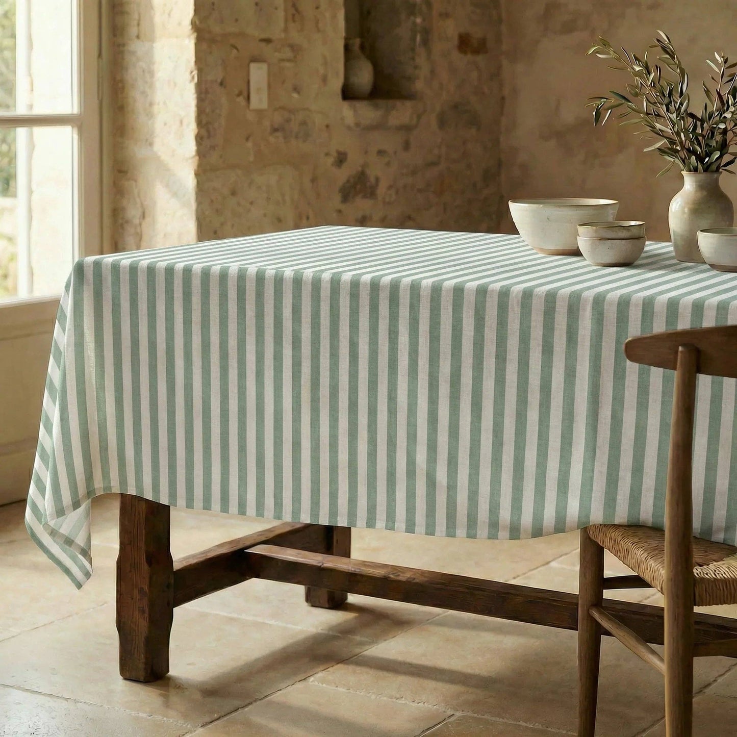 Sage Stripe Waterproof Organic Cotton Tablecloth – 250 x 155 cm
