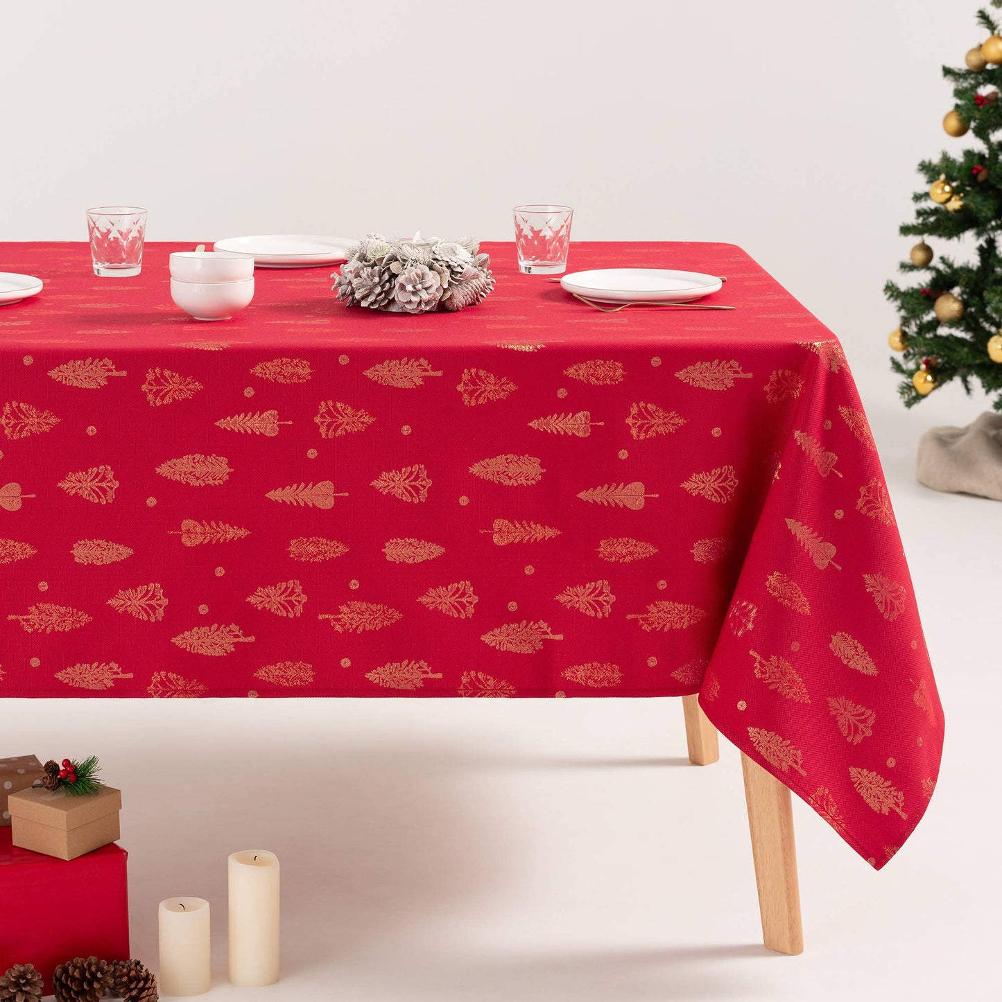 Cotton Jacquard Tablecloth - Champagne & Gold Trees