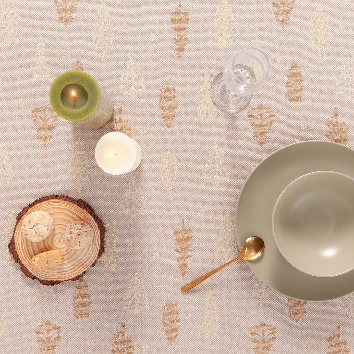 Cotton Jacquard Tablecloth - Champagne & Gold Trees
