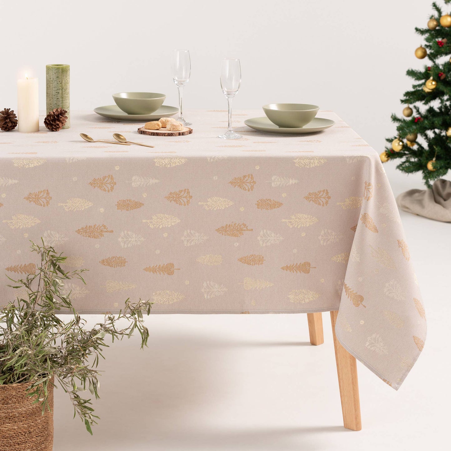 Cotton Jacquard Tablecloth - Champagne & Gold Trees
