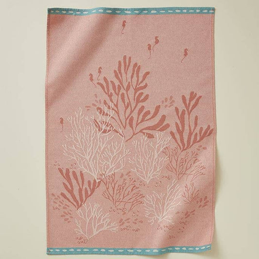 Cotton Tea Towel - Ocean in Coral