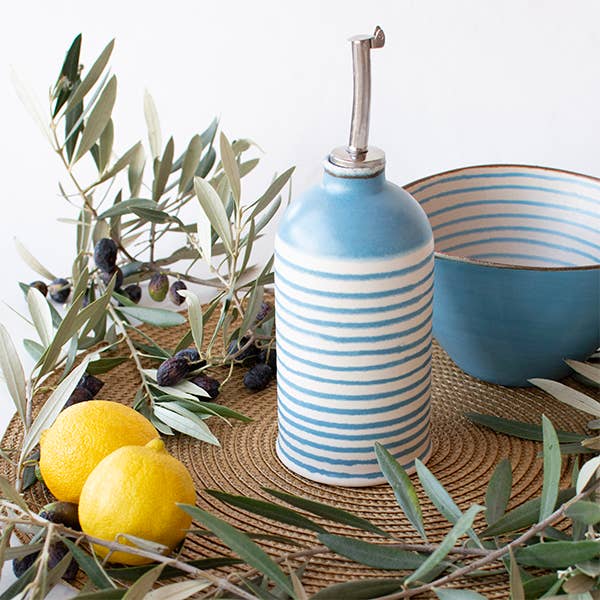 Striped Stoneware Olive Oil Bottle with Pourer