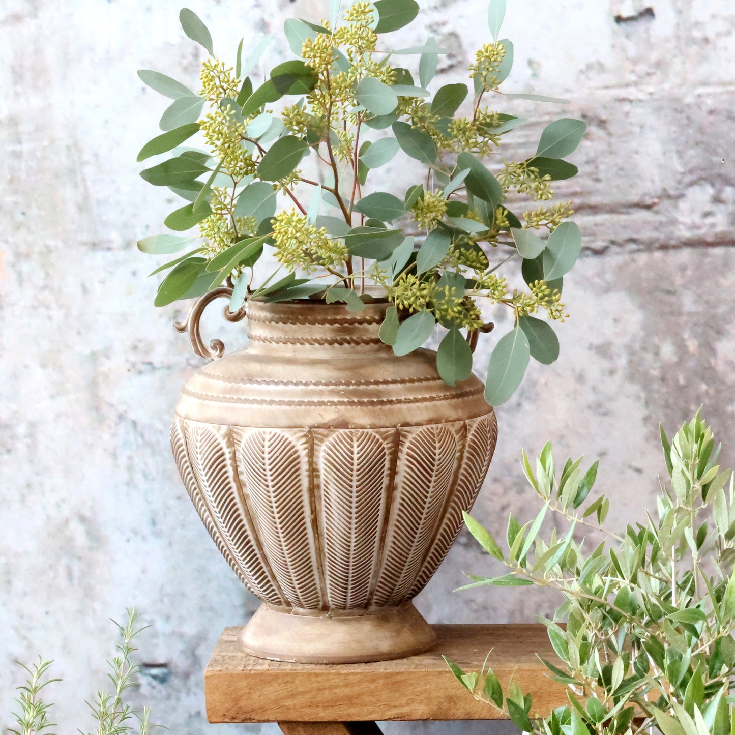 Metal Urn Vase in Antique Mocca
