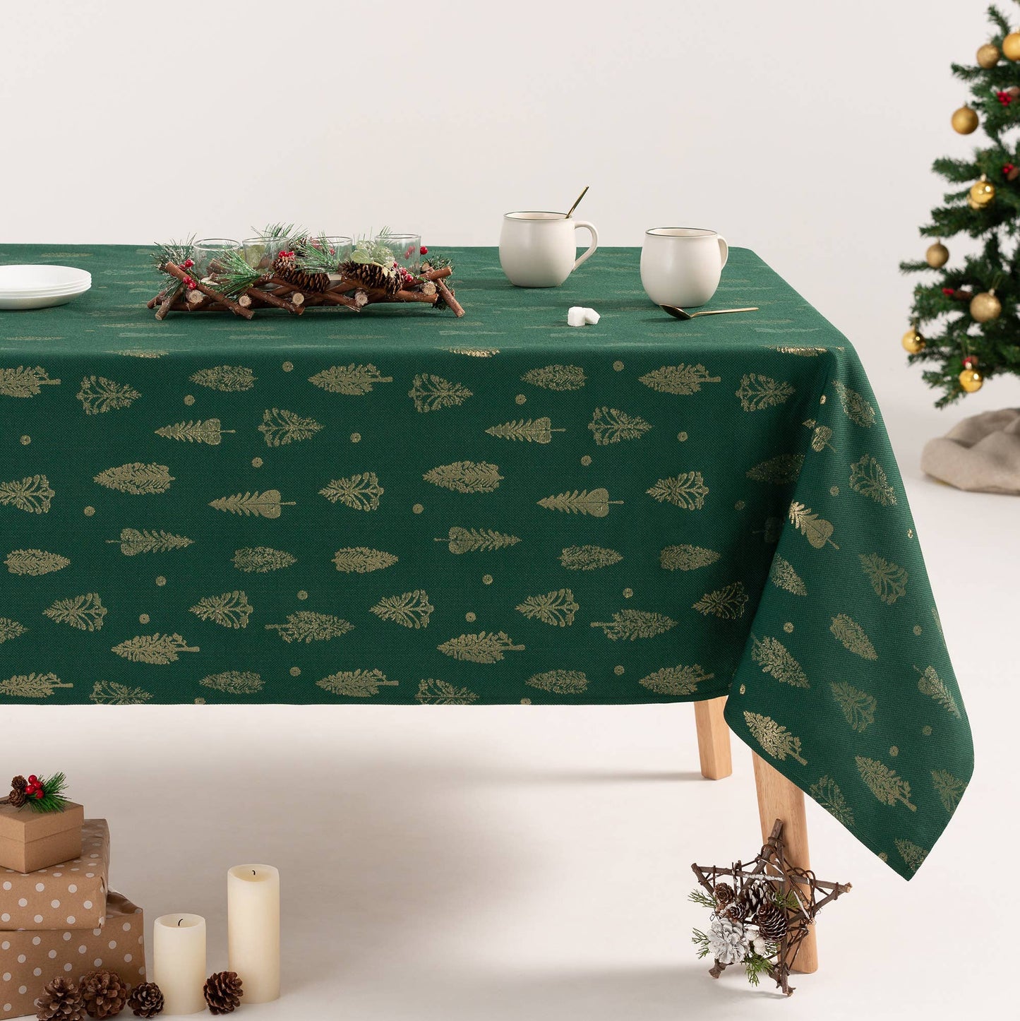 Cotton Jacquard Tablecloth - Champagne & Gold Trees