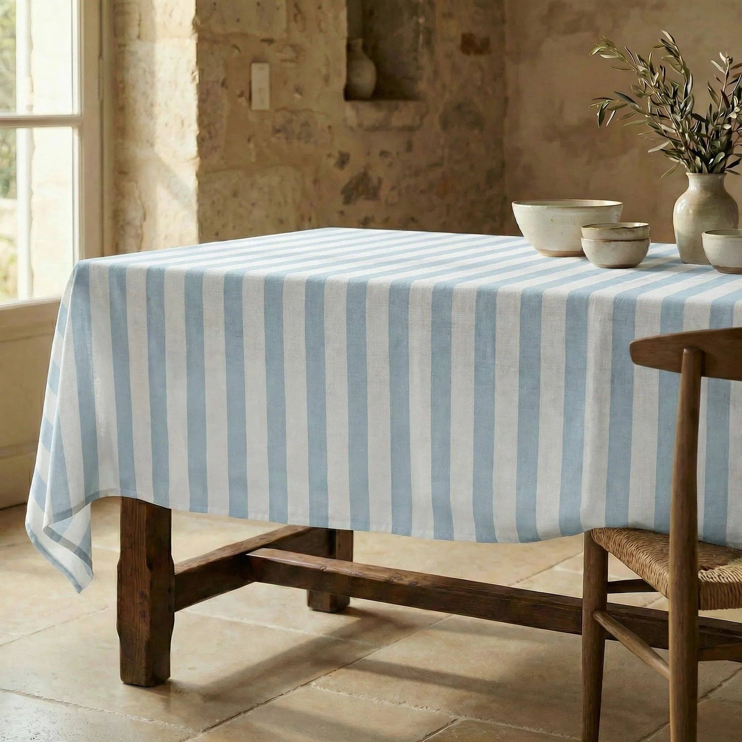 Amalfi Stripe Waterproof Organic Cotton Tablecloth – 250 x 155 cm