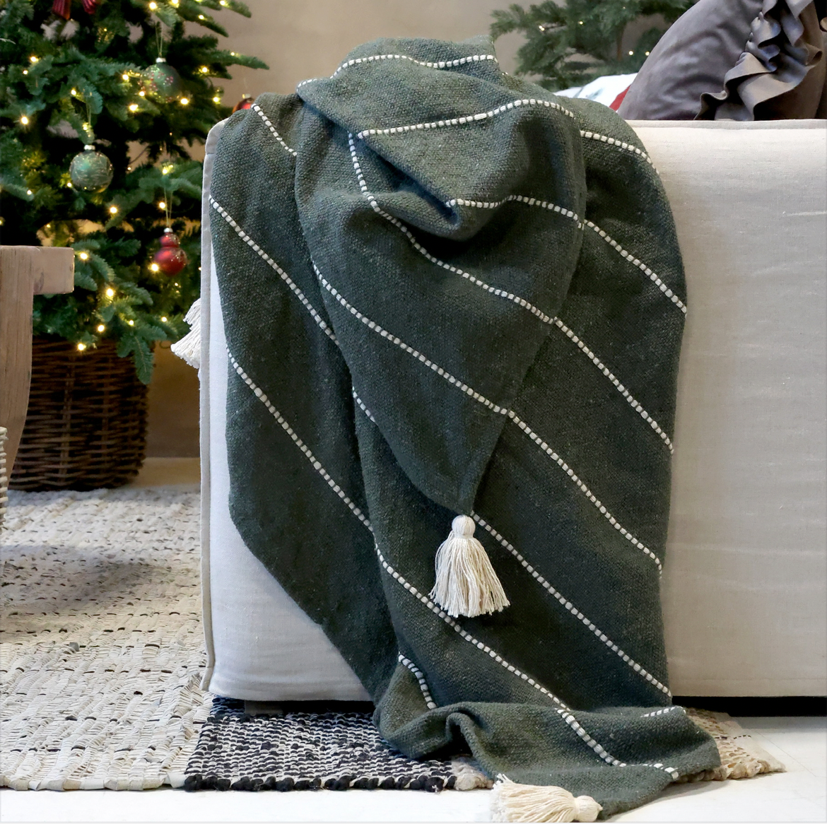Cotton Throw in Olive Stripe