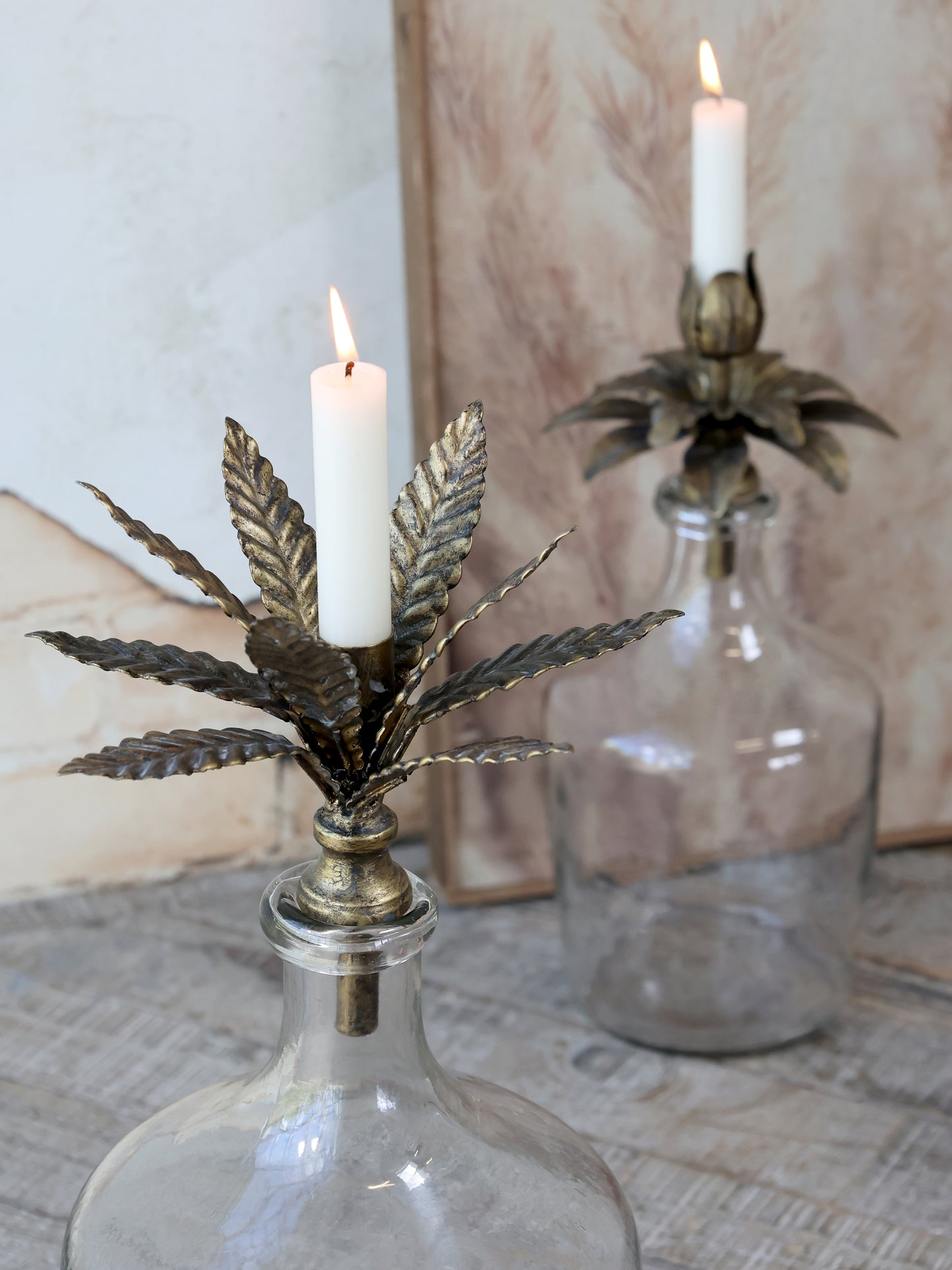 Antique Brass Leaf Bottle Candle Holder