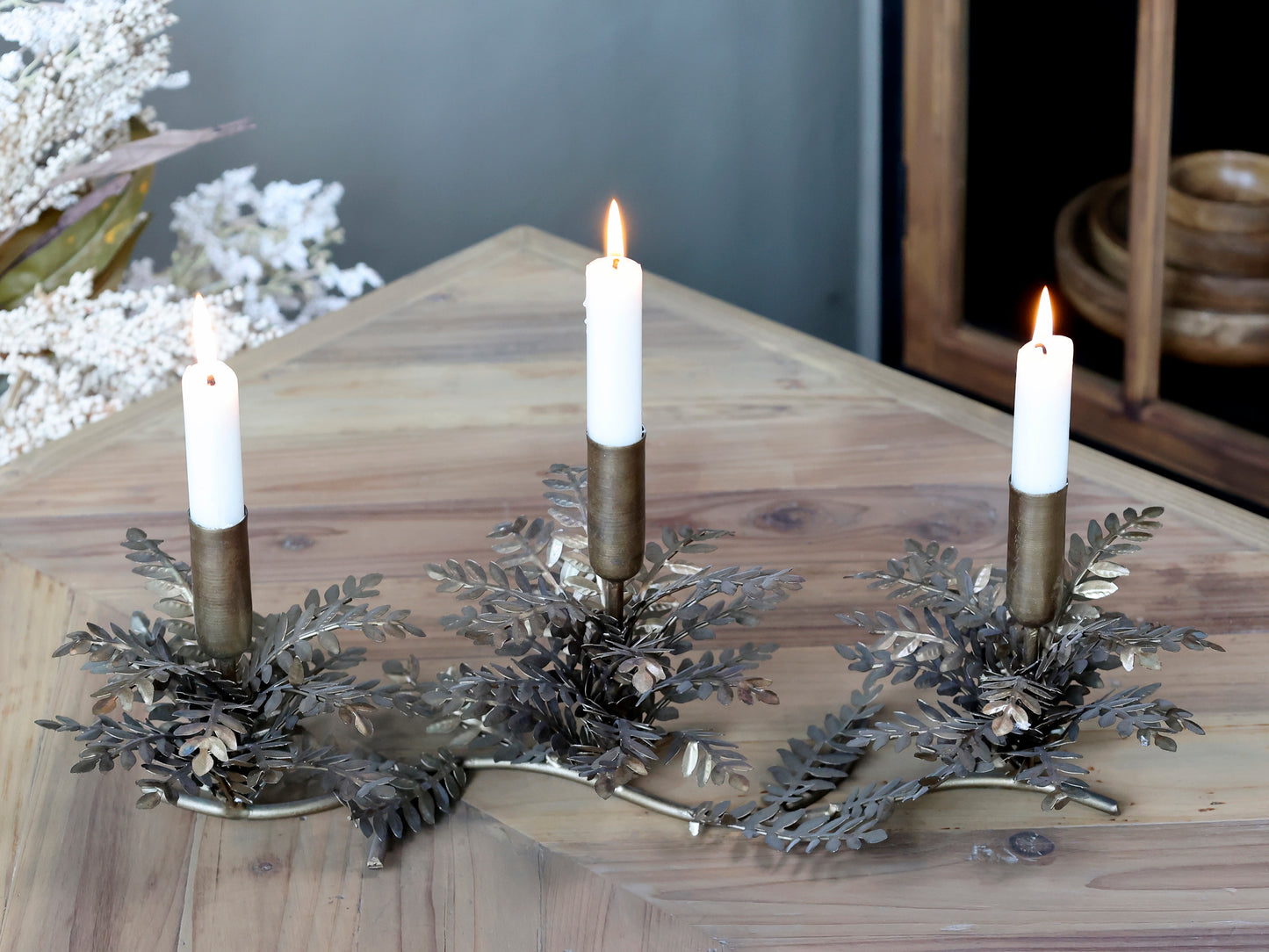 Antique Brass Botanical Triple Candle Holder