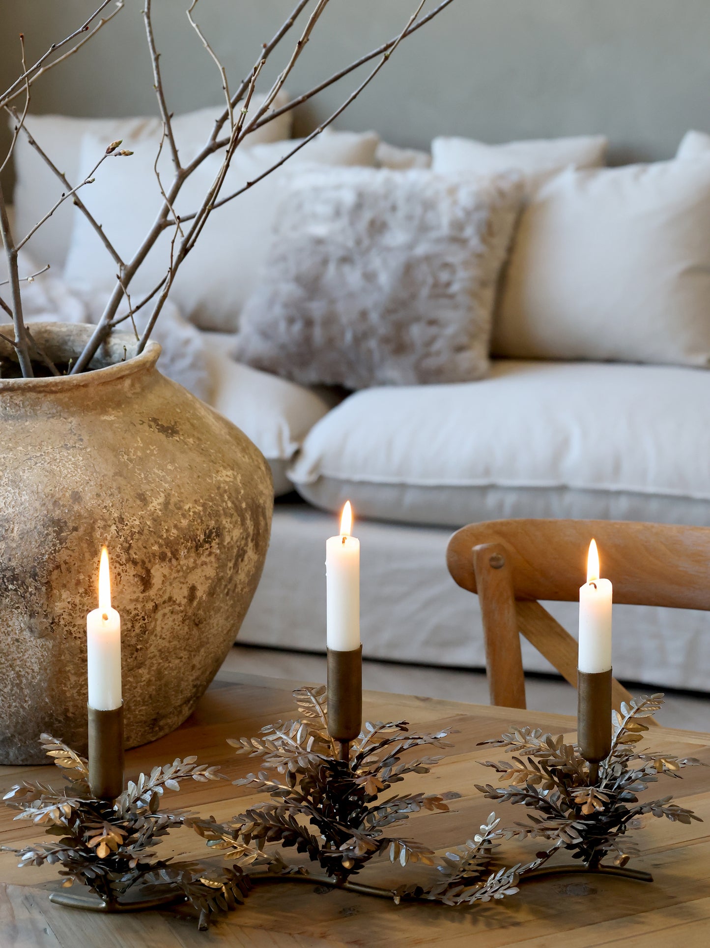 Antique Brass Botanical Triple Candle Holder