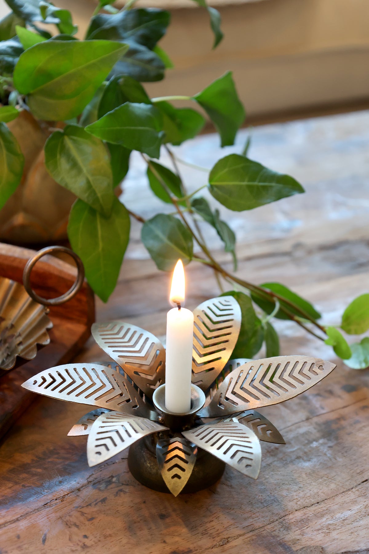 Brass Leaf Dinner Candle Holder