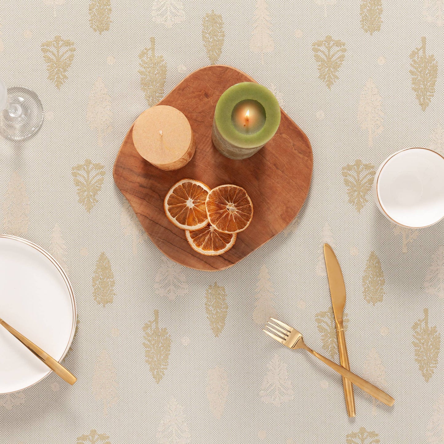 Cotton Jacquard Tablecloth - Champagne & Gold Trees