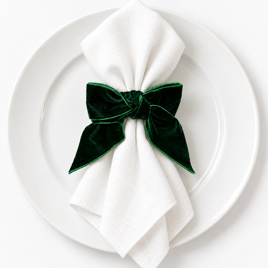 Deep Green Velvet Bow Napkin Ring Set