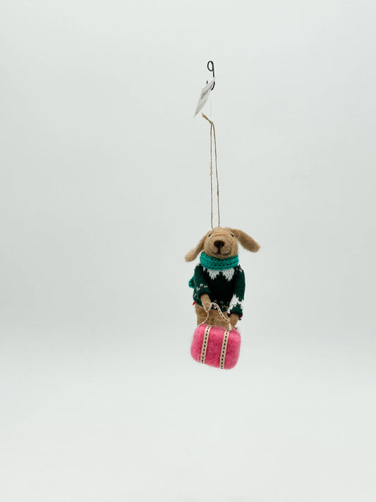 Travelling Dog with Pink Suitcase — Felt Christmas Decoration
