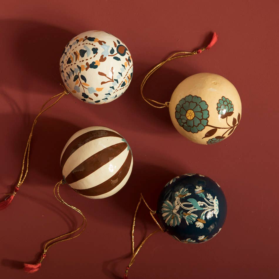 Hand-Painted Papier-Mâché Baubles – Set of 4