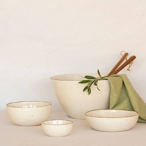 Breezy Stoneware Serving Bowl – 27cm (Cream / Green)