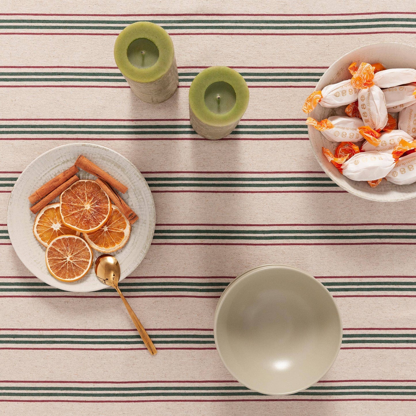 Soft Linen Jacquard Tablecloth – Red & Green Ticking Stripe