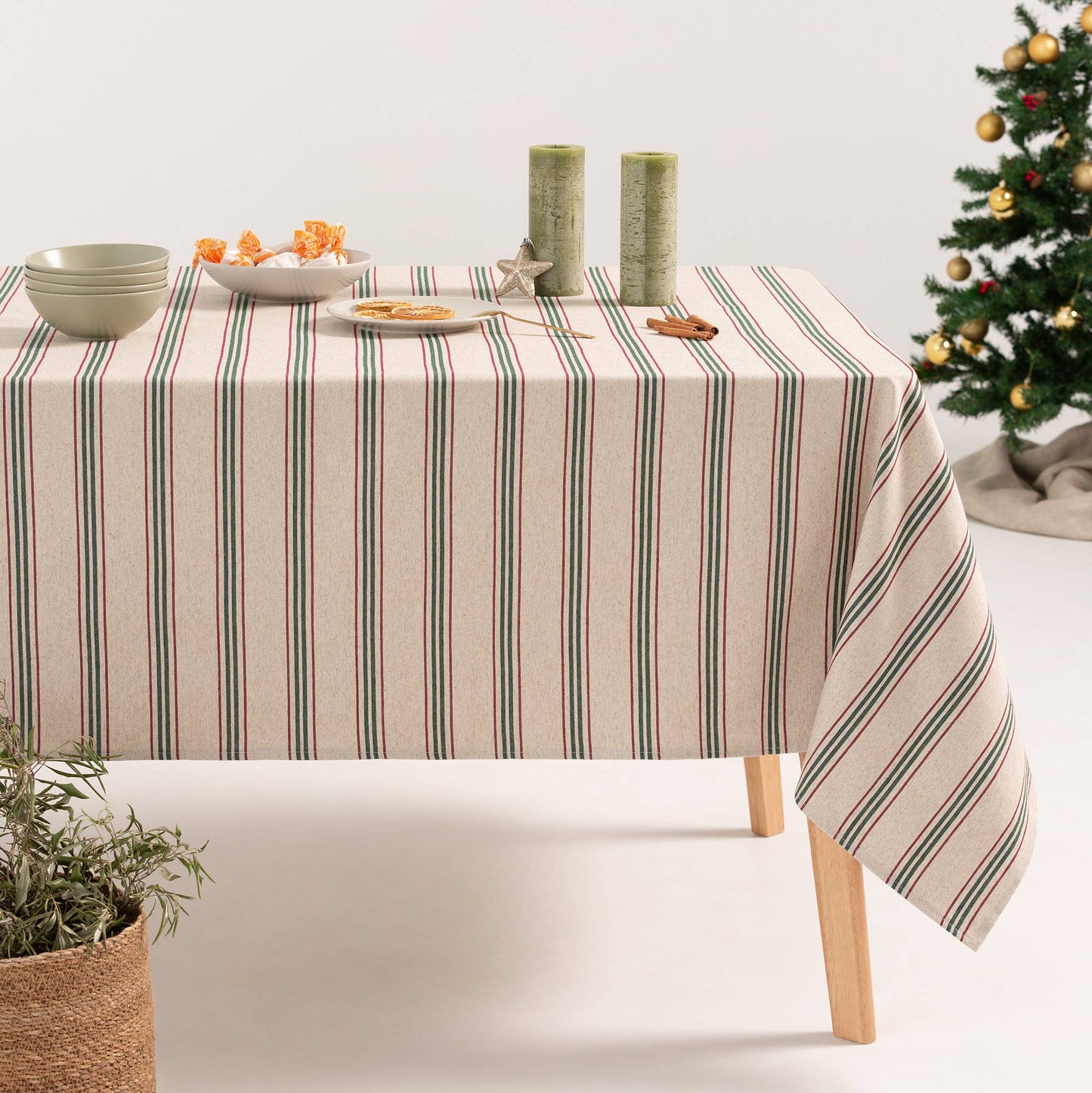 Soft Linen Jacquard Tablecloth – Red & Green Ticking Stripe