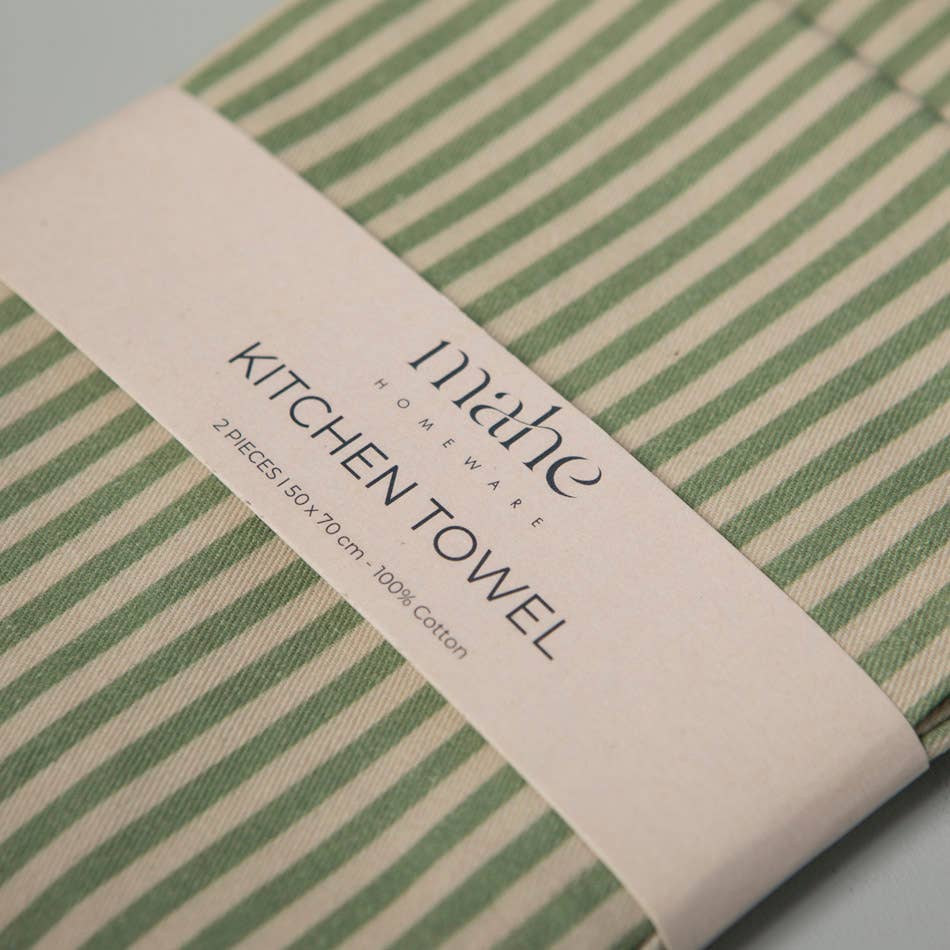 Green Stripe Kitchen Towel Set 2