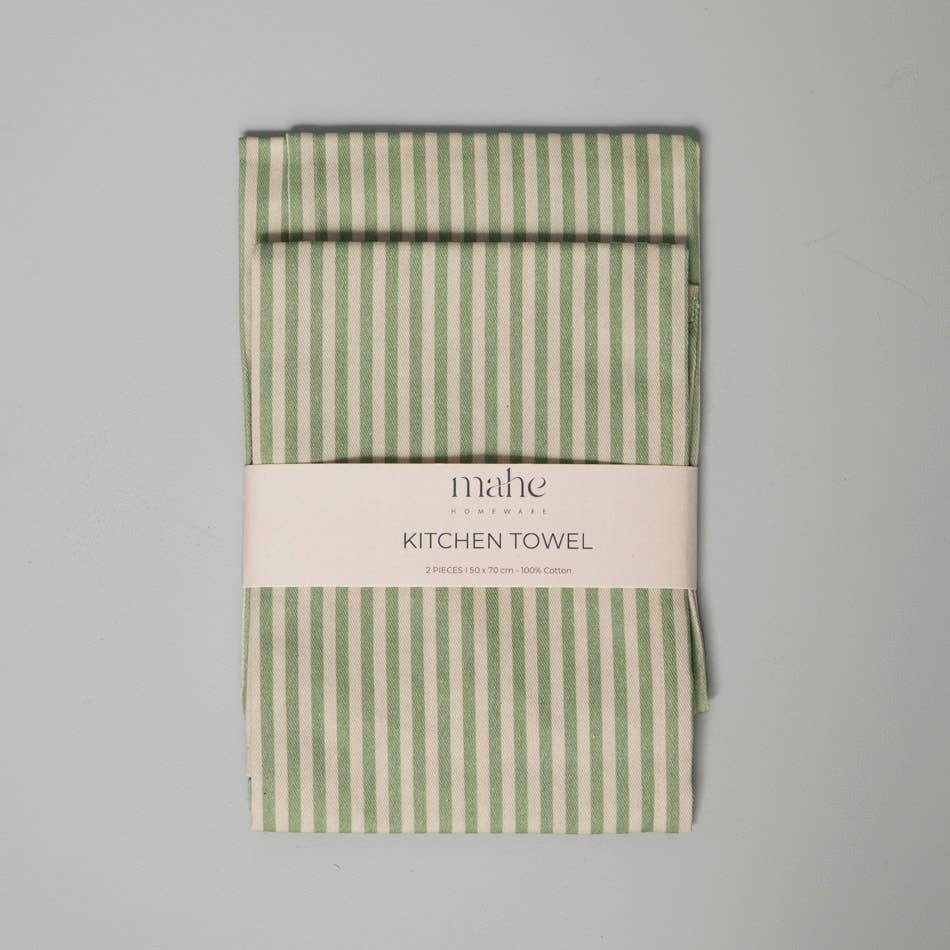 Green Stripe Kitchen Towel Set 2