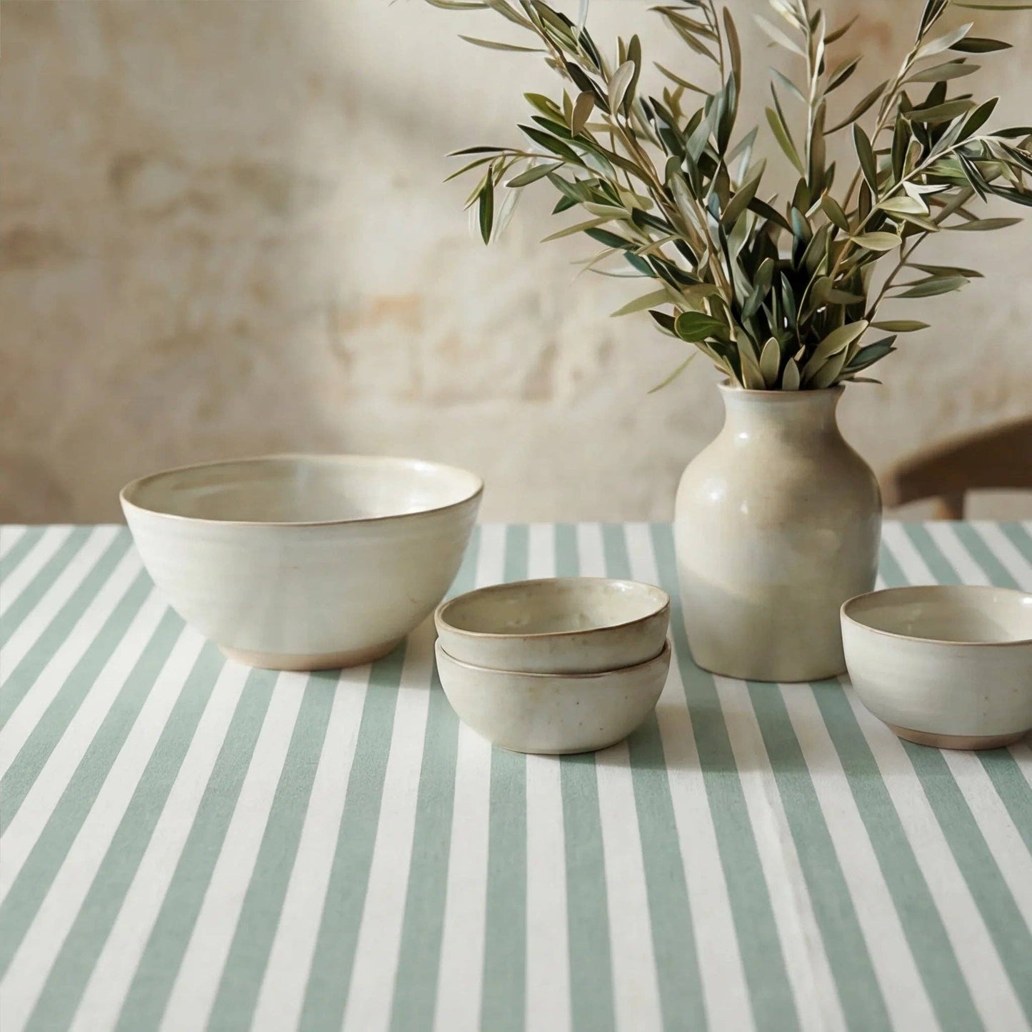 Sage Stripe Waterproof Organic Cotton Tablecloth – 250 x 155 cm