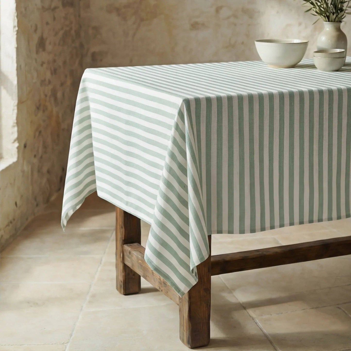 Sage Stripe Waterproof Organic Cotton Tablecloth – 250 x 155 cm