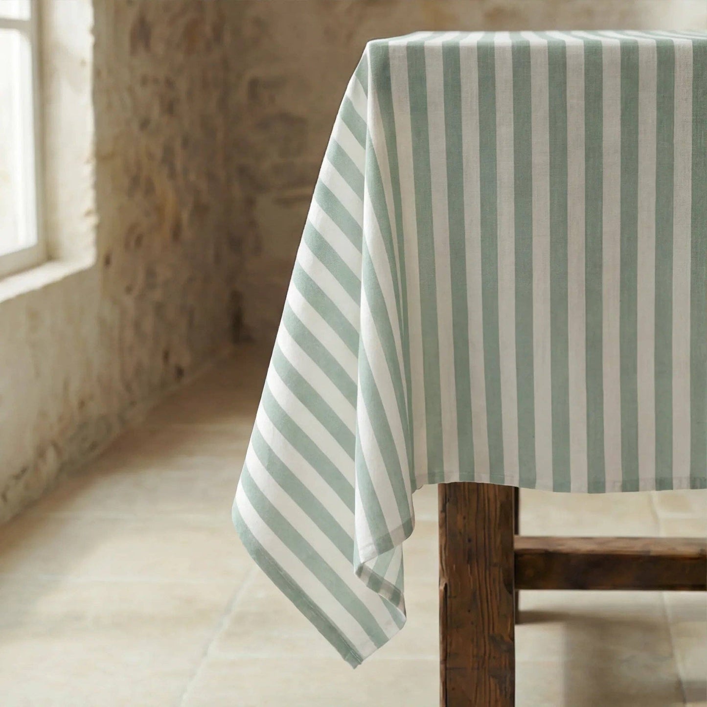 Sage Stripe Waterproof Organic Cotton Tablecloth – 250 x 155 cm
