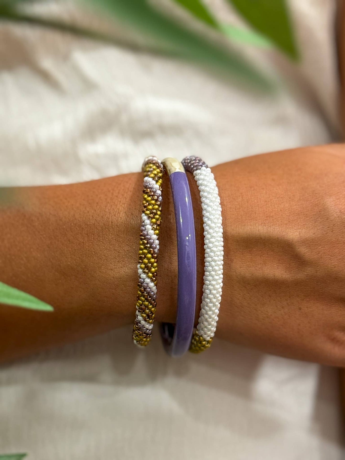 Nepalese Handmade Beaded Bracelet - Mustard, Mauve & White