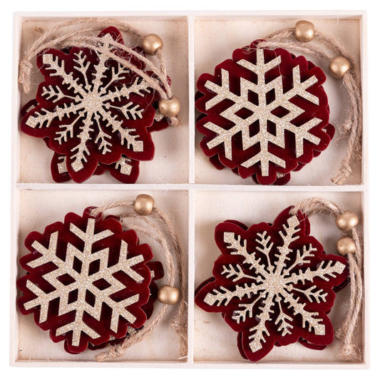 Burgundy Velvet and Poplar Snowflake Ornaments - Set of 8