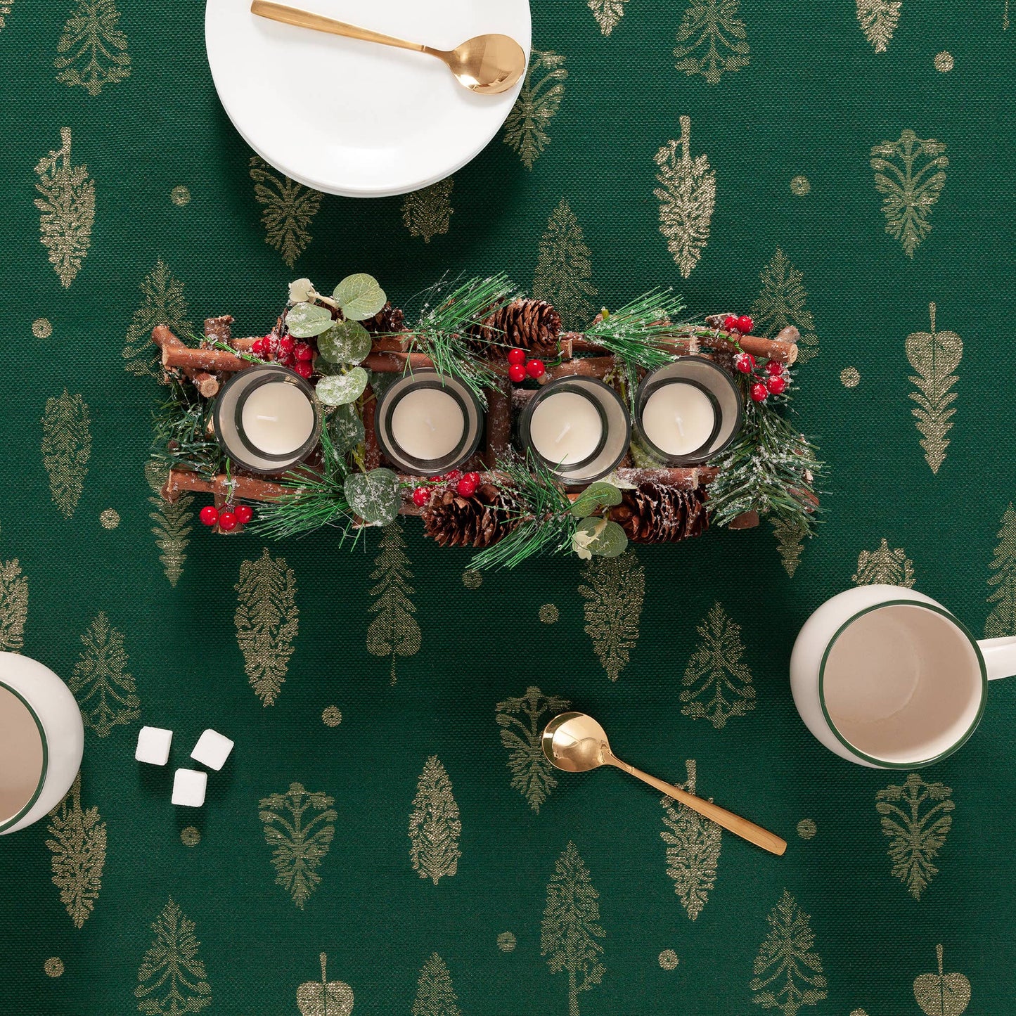 Cotton Jacquard Tablecloth - Champagne & Gold Trees