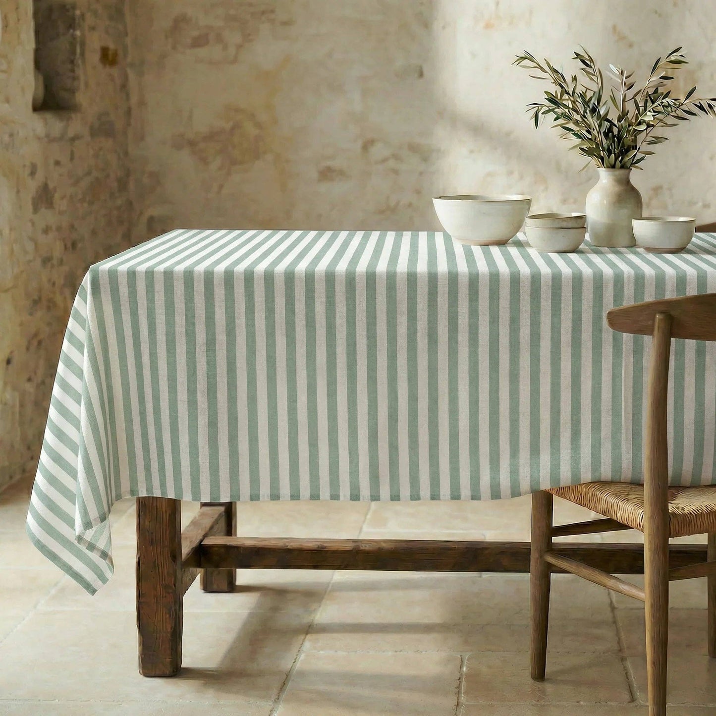 Sage Stripe Waterproof Organic Cotton Tablecloth – 250 x 155 cm